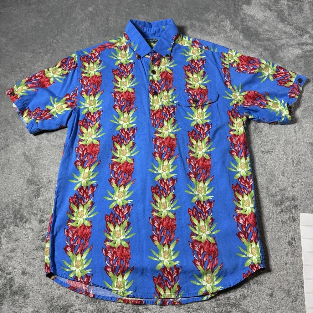 Cubavera-Mens Hawaiian‎ Shirt-Small-Blue/Red Floral-Casual Button-Up, 100% Rayon